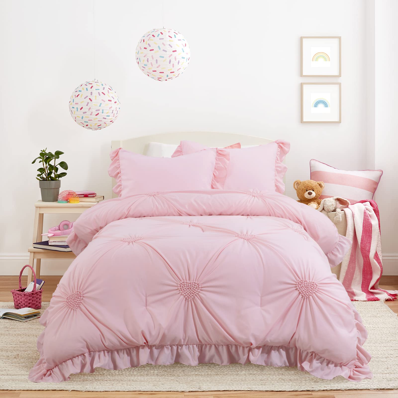 HOMBYS Pink Bedding Comforter Set for Girls, 3 Piece Blush Pinch Pleat Comforter Set with Ruffles for All Season，Twin Size