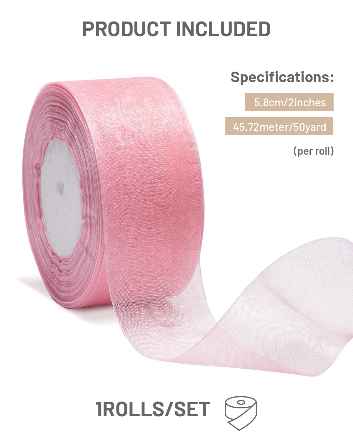 Pink Organza Ribbon for Gift Wrapping, FAKILO 2 Inch Shimmer Sheer Wrapping Ribbon for Bouquet, Wedding, Christmas Gift - 50 Yards Each Roll