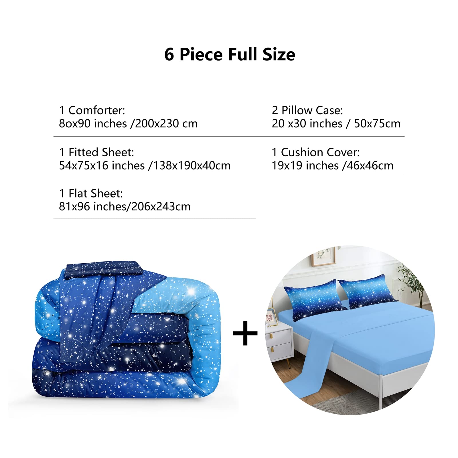 ROWADALO 6 Pieces Blue Gradient Glitter Sparkles Comforter Set Full Size,Galaxy Starry Sky Bedding Sets 6 Pcs Bed in A Bag for Kids Teen Ultra Soft All-Season Girls Comforter Set,DJT-GB5002 Full