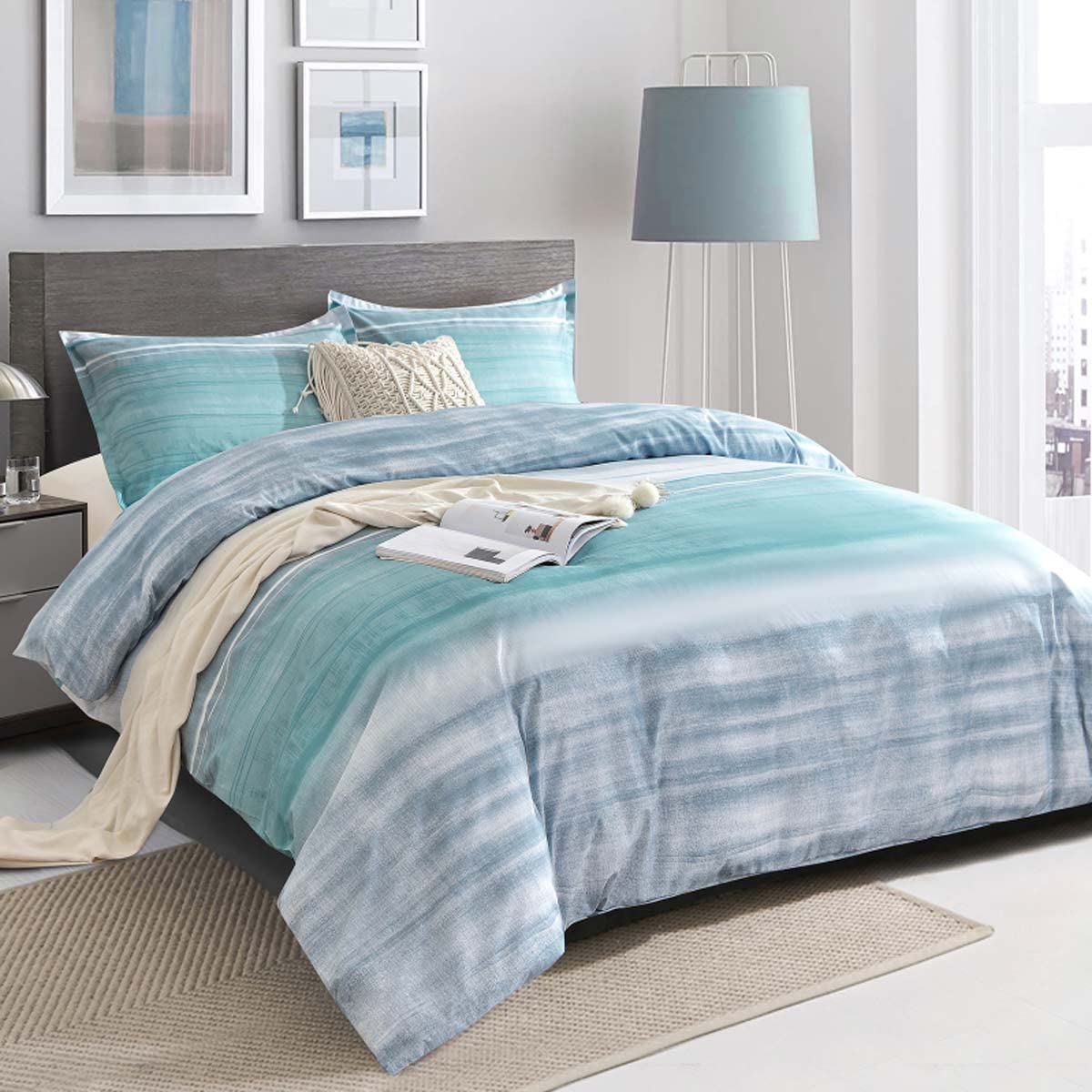 ETDIFFE Teal Duvet Cover King Size, 3pc Modern Grey and Blue Gradient Striped Microfiber Comforter Cover Set, Farmhouse Soft and Lightweight Abstract Ombre Pattern Quilt Cover (90x104) for Women Teen