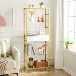 HOOBRO 5 Tier Bookcase with Charging Station, White and Gold Bookshelf with Drawer, Storage Shelves, Tempered Glass Bookshelf with Metal Frame, Open Display Shelves for Living Room, Gold DW65USJ01