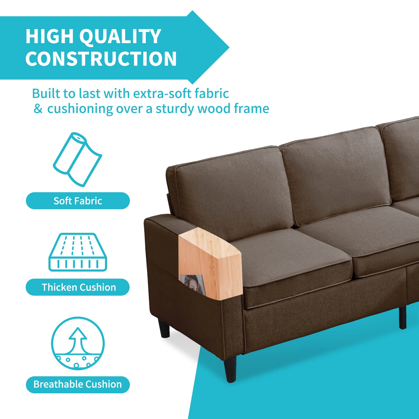 CECER Convertible Sectional Sofa Couch, 3-seat L-Shaped Couch with Storage Ottoman, Couches with Linen Fabric, Chasie Lounge for Small Space-Apartment/Upstairs Loft/Living Room (Coffee)