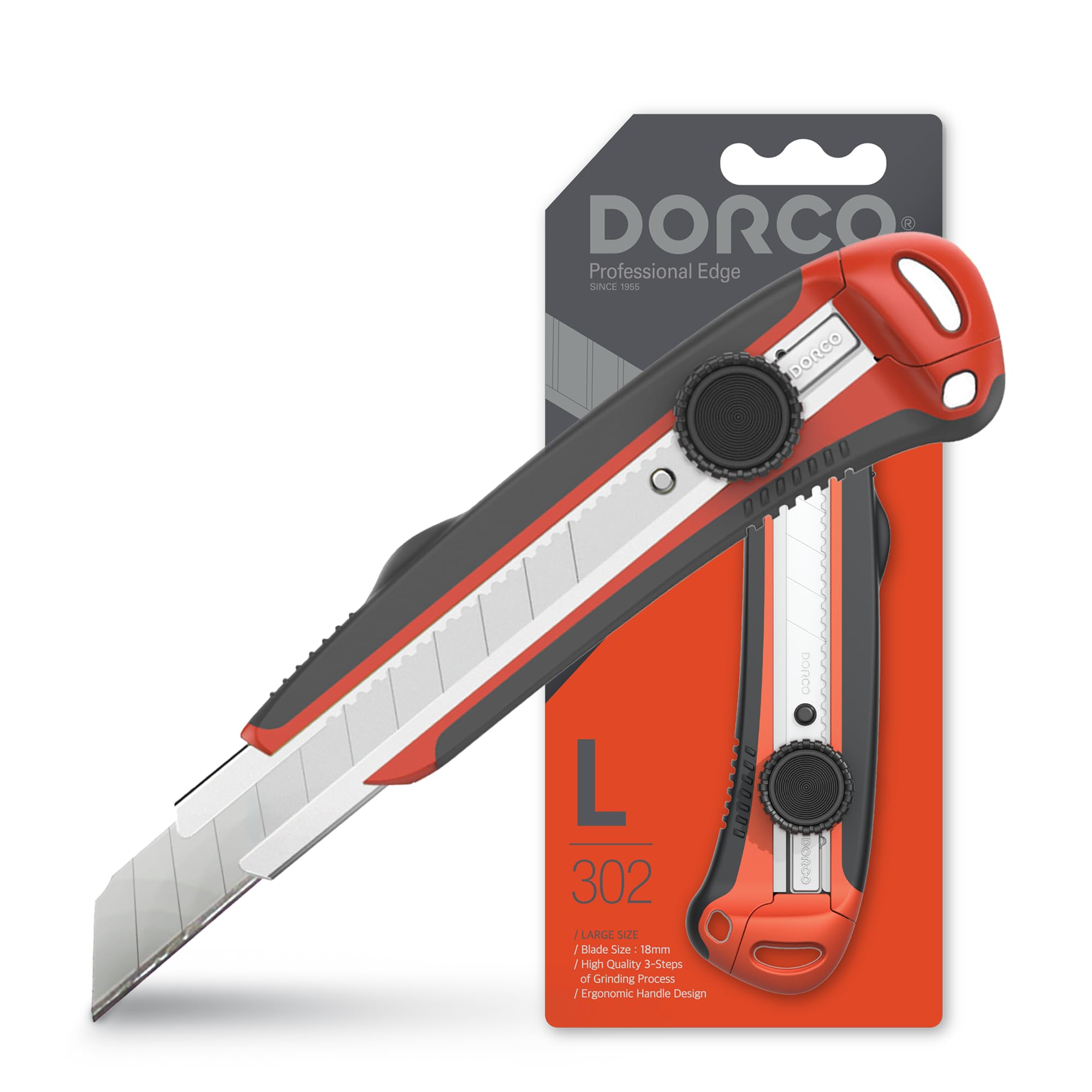 10 Pcs, DORCO Professional Quality Utility Box Cutter Knife S302 - Solid Screw-Lock Safety System, Large Design, Retractable, Built-In Snap-Off Tool, Replaceable Carbon Steel Blade - 18mm