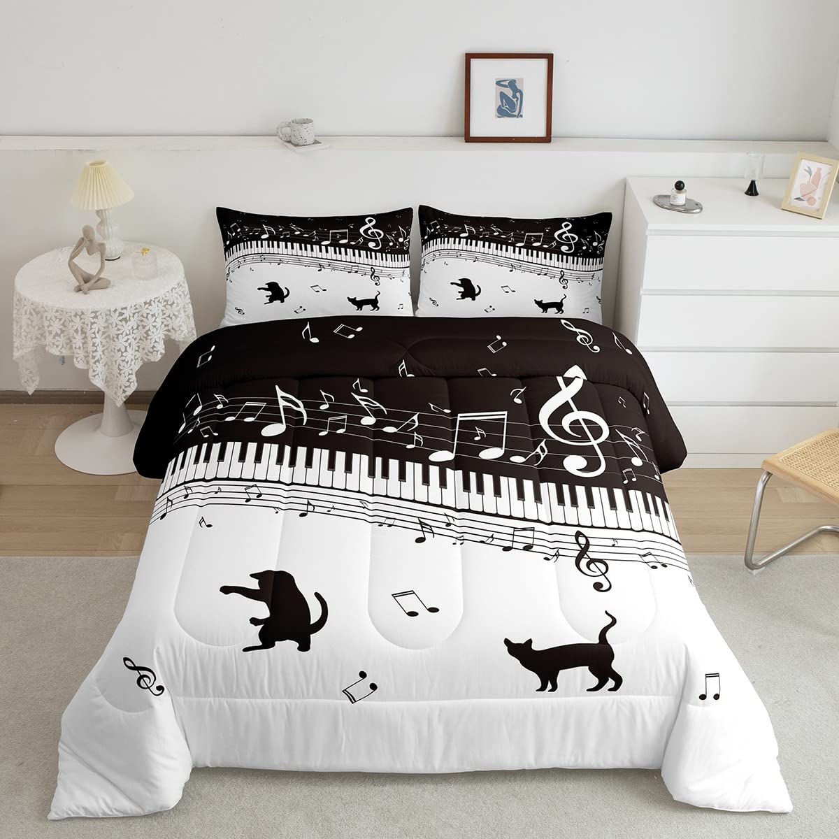 Homewish Piano Comforter Set Queen Size Black Musical Notes Bedding Set 3pcs for Kids Teens Girls Music Lover Room Decor Cat Pet Silhouette Quilt Set White Microfiber Duvet Insert,2 Pillowcases