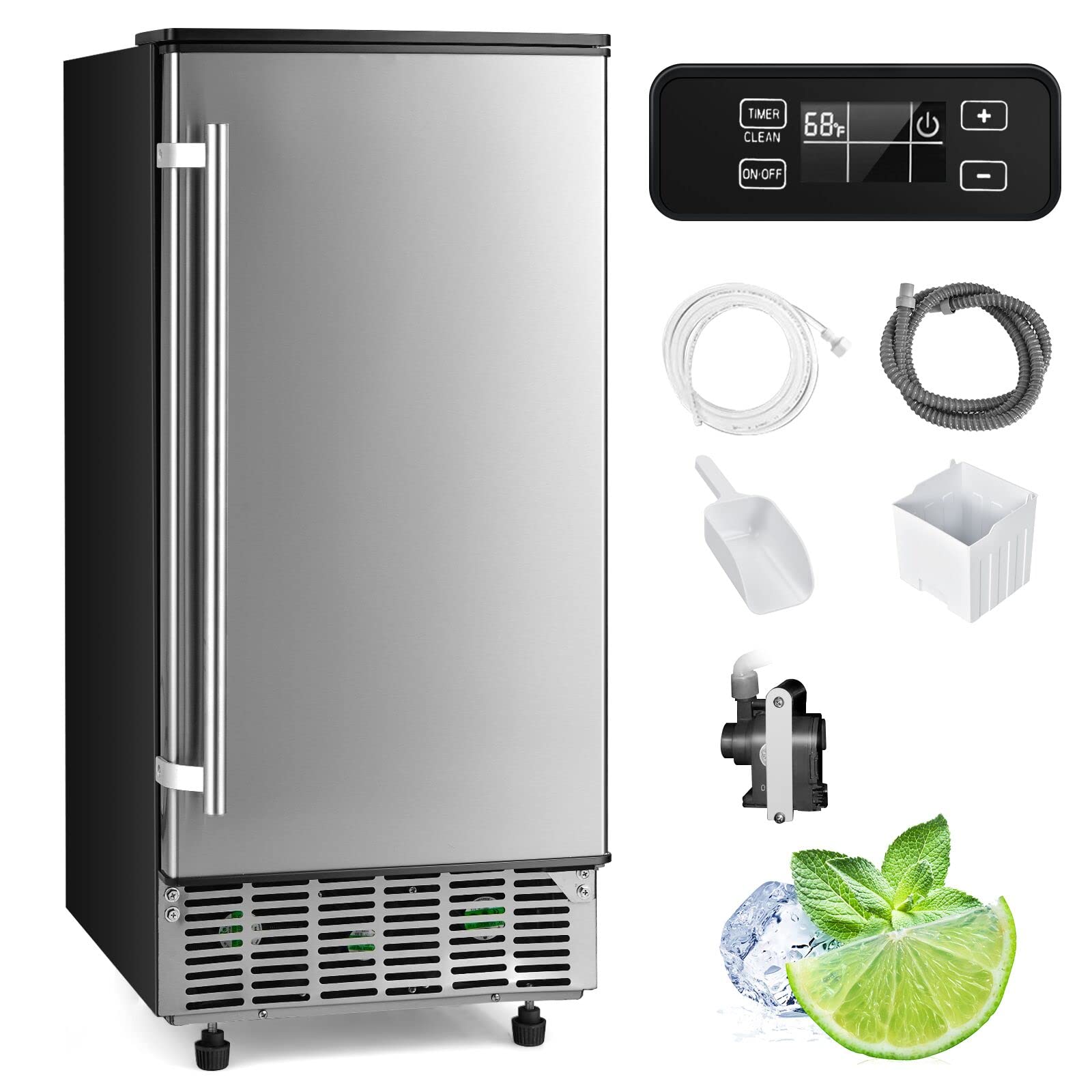 PETSITE Ice Maker Machine Commercial, 80LBS/24H Stainless Steel Ice Cube Maker with 24LBS Ice Storage, 24H Timer & 12-Level Ice Thickness, Freestanding & Under Counter Lab Ice Maker