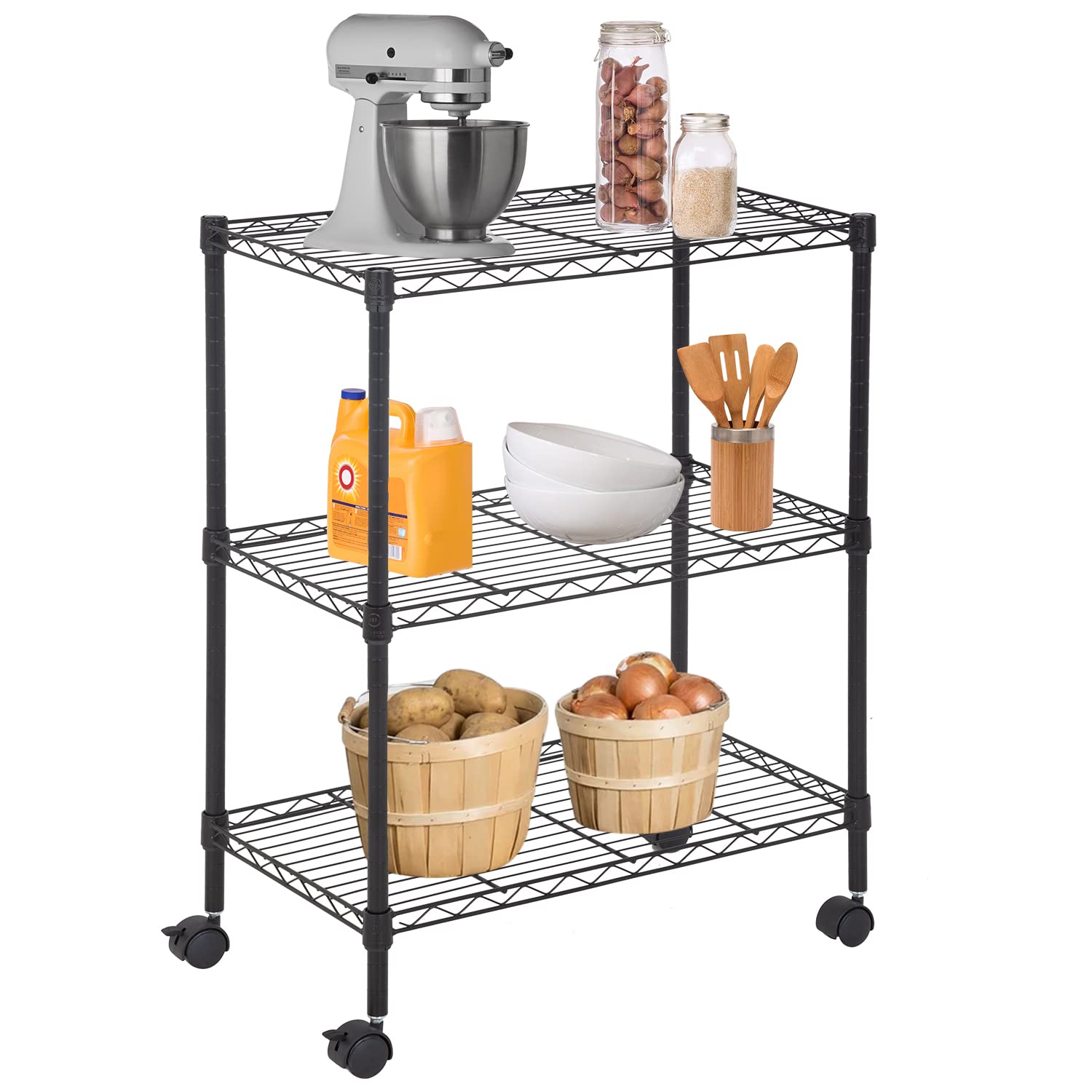 FDW Wire Shelving Metal Storage Shelves 23L x 13W x 32H 3 Tier Layer Storage Shelves with Wheels for Kitchen Garage Small Places,Black