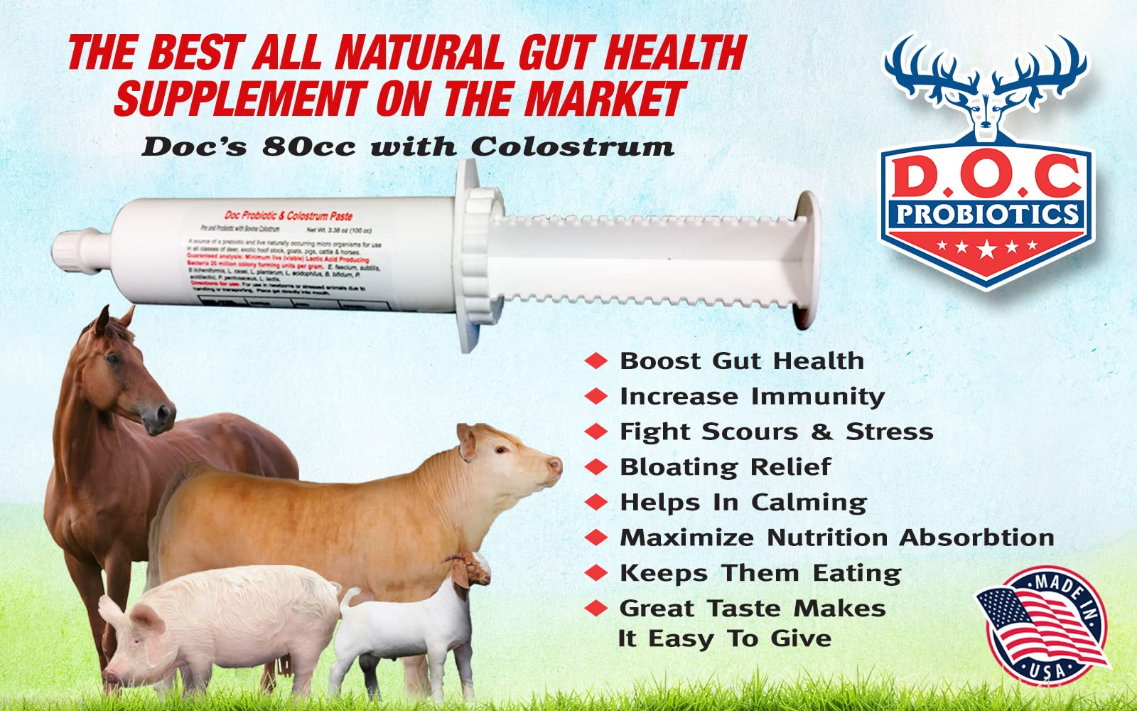 Doc Probiotics 80cc Colostrum Paste Prebiotics and Live Micro Encapsulated Livestock Probiotics Goats, Cows, Horses Sheep, Pigs, Deer