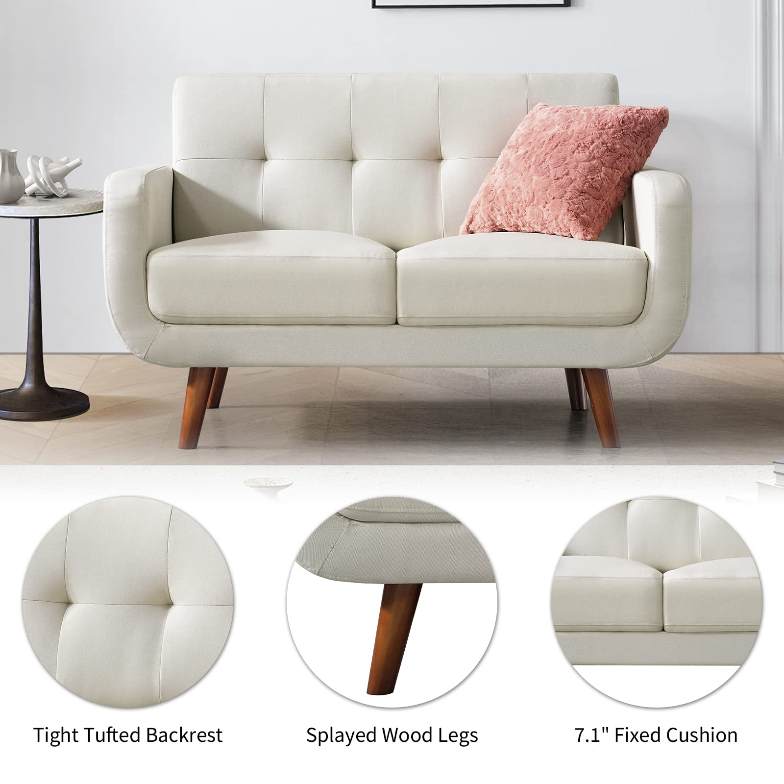 Husbedom 51 Inches Loveseat Sofa, Mid-Century Modern Mini Couch with Tufted Back for Small Living Room, Bedroom,Apartment, Dorm,Track Arms, Wooden Legs, Easy Assembly, Beige