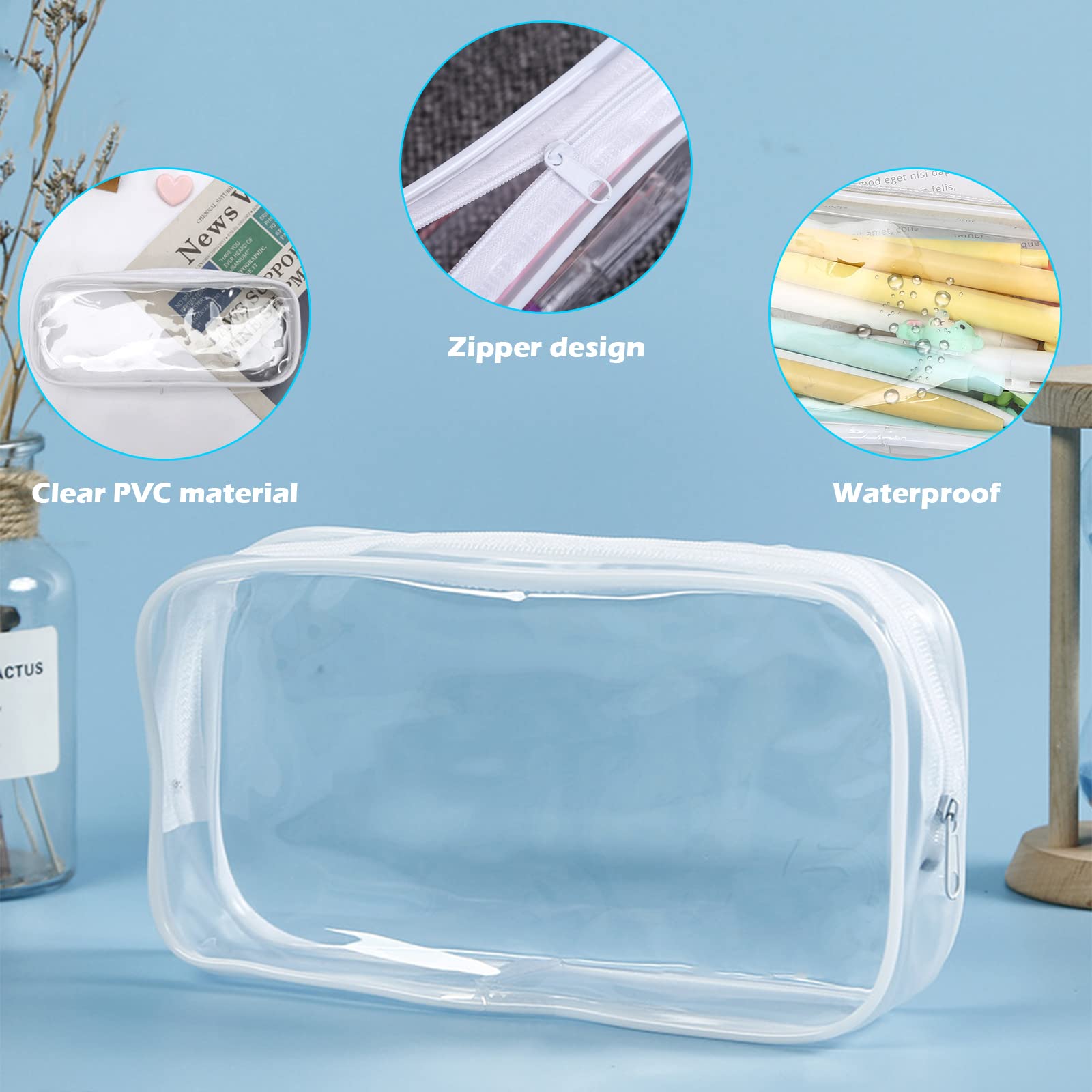 Odowalker 30 Pcs Clear PVC Zipper Pencil Bag, Zippered Toiletry Carry Pouches, Clear Pencil Case,Toiletries Exam Pen Pencil Pouch Case Makeup Pouch for Office Stationery School and Travel, White