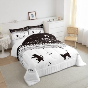 Homewish Piano Comforter Set Queen Size Black Musical Notes Bedding Set 3pcs for Kids Teens Girls Music Lover Room Decor Cat Pet Silhouette Quilt Set White Microfiber Duvet Insert,2 Pillowcases