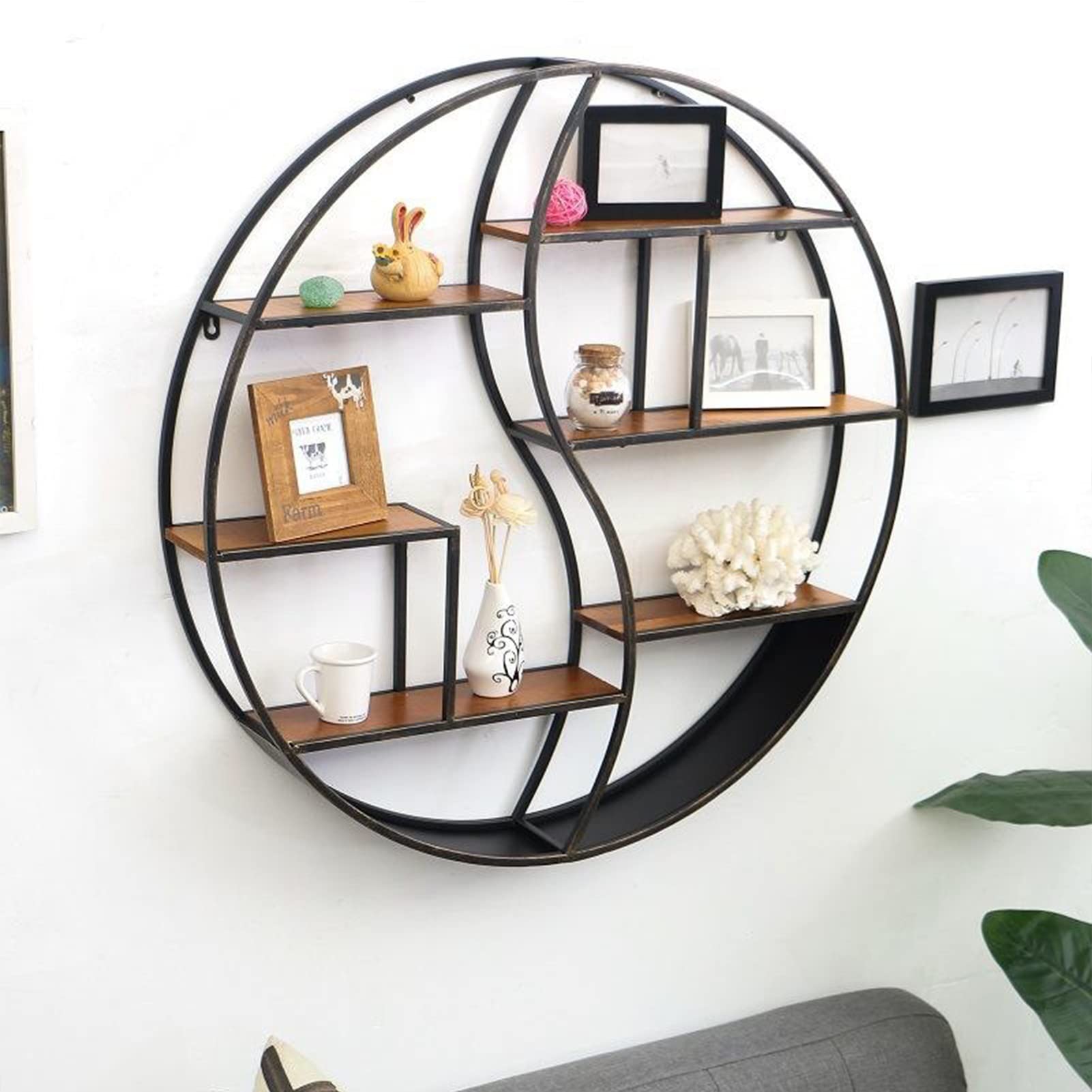 Drsyffsup Round Wall Floating Shelves ，Industrial Metal Wall Decoration Storage Shelf with Wood Board,Display Wine Rack Flower Pot Stand for Bedroom Living Room (Size : 68x16x68cm)