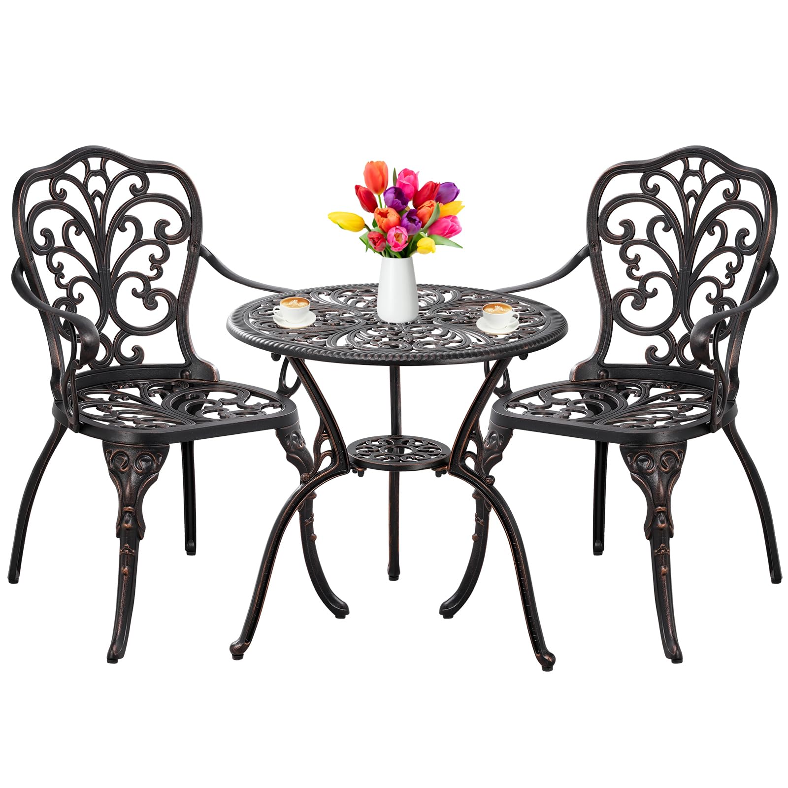 Withniture Outdoor Bistro Table and Chairs Set of 2 Cast Aluminum Patio Bistro Set with Umbrella Hole, All Weather Bistro Table Set for Garden, Suitable for All People, Bronze