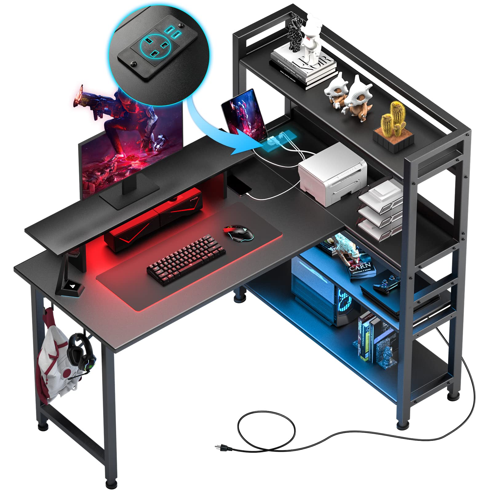 COMHOMA Gaming L Shaped Computer Desk, 55" Home Office Desk with Shelves, L Shape Computer Corner Desk with Charging Port, Gaming Table Power Outlet Build in, LED Writing Desk with Monitor Stand Black