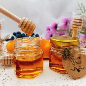 IIKUM 20 Pack 1.5 oz Hexagon Mini Glass Honey Jars with Wooden Dippers, Gold Lids, Bee Pendants, Golden Gift Bags, Thank You Cards, Jutes - Perfect for Baby Shower, Wedding Favors and Party Favors