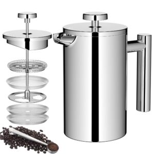 meelio small french press coffee maker 600ml, double-wall insulated french press coffee press stainless steel for travel camping, included 2 extra fliters and 1 coffee spoon (2-4cup, 20 oz)