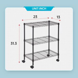 FDW Wire Shelving Metal Storage Shelves 23L x 13W x 32H 3 Tier Layer Storage Shelves with Wheels for Kitchen Garage Small Places,Black