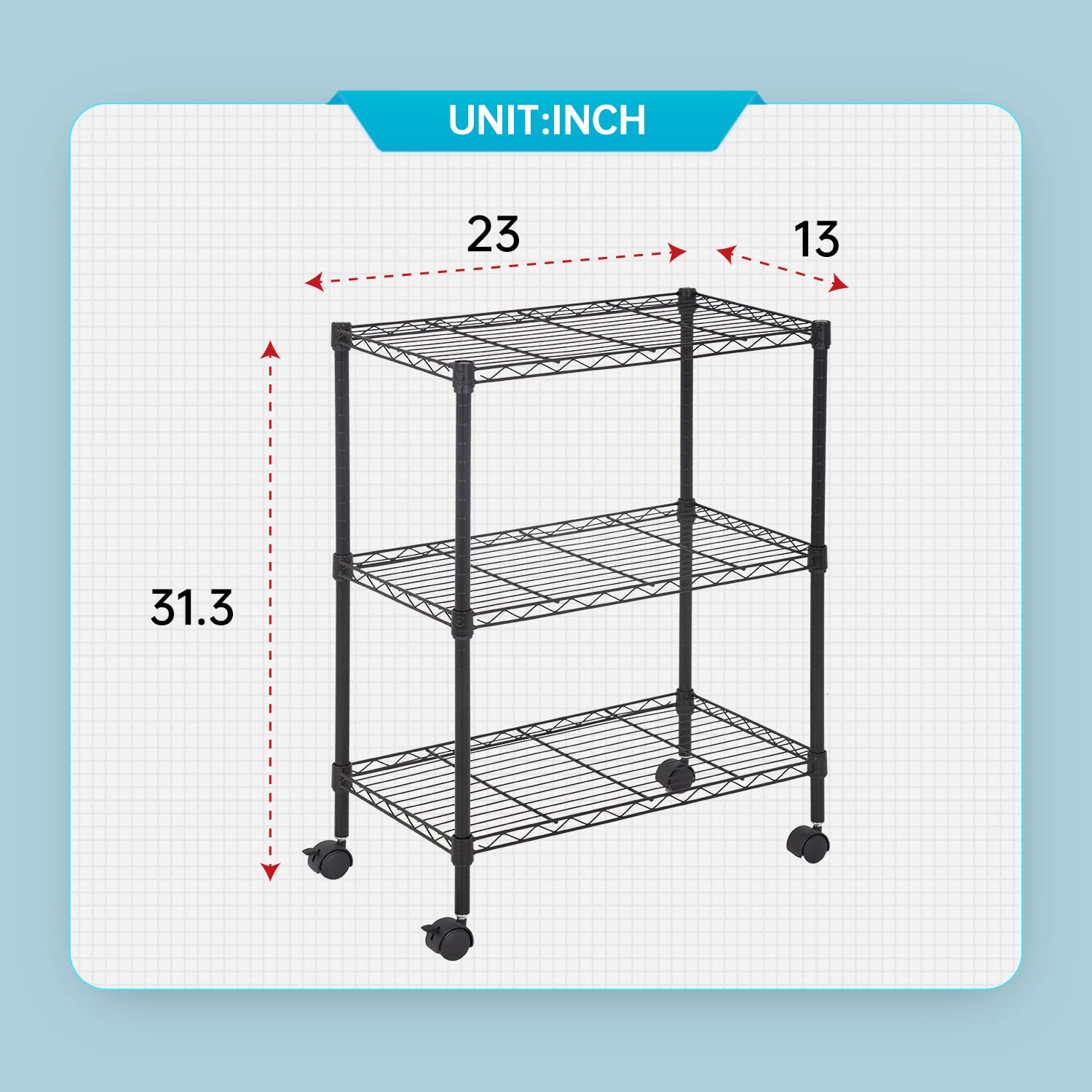 FDW Wire Shelving Metal Storage Shelves 23L x 13W x 32H 3 Tier Layer Storage Shelves with Wheels for Kitchen Garage Small Places,Black