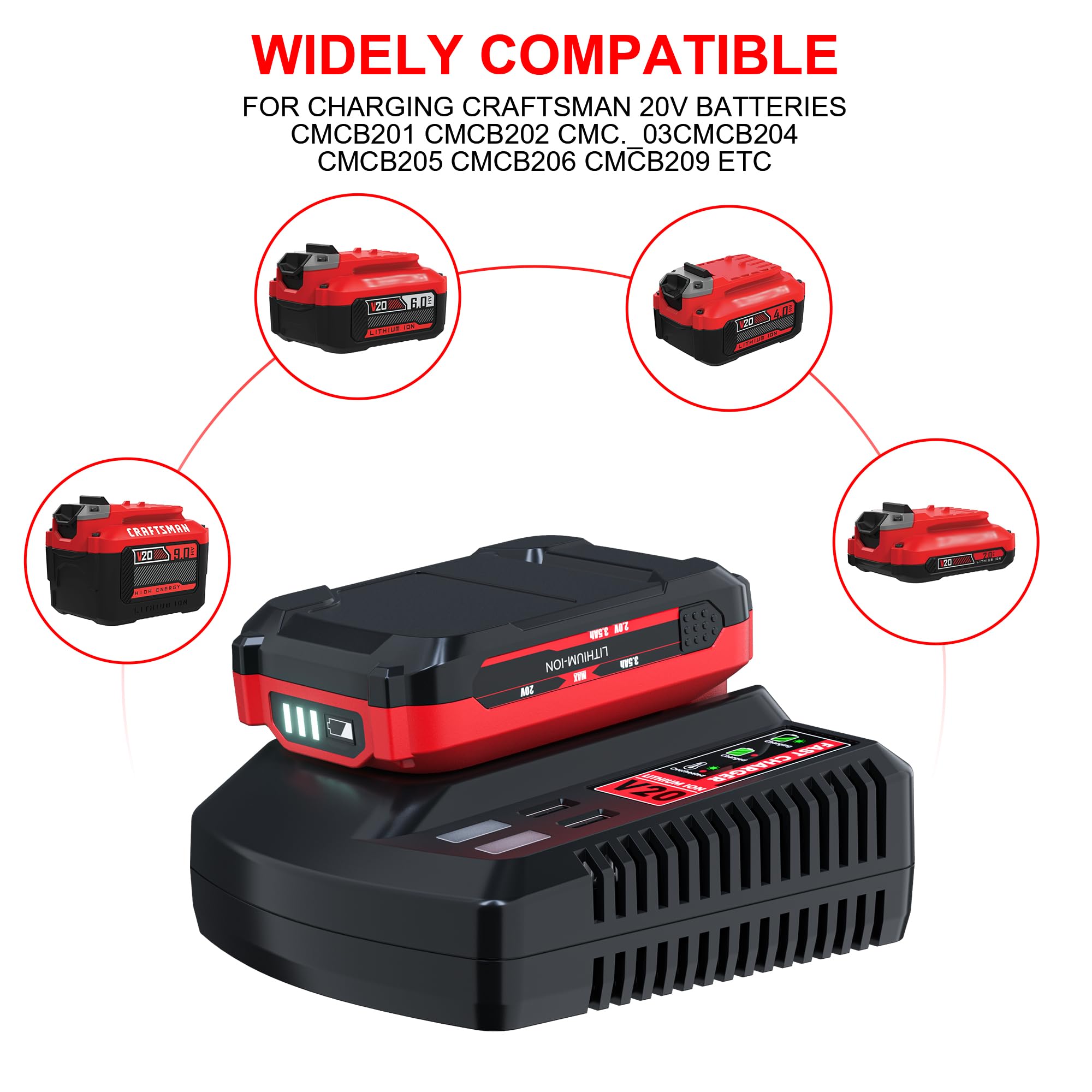 Bonacell 2Pack 20V 3.5Ah Replacement for Craftsman 20V Battery V20 Lithium Battery and Charger Kit for CMCB202 CMCB204 CMCB206 CMCB201 CMCB100 CMCB124 with CMCB104 Craftsman 20V Battery Charger