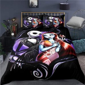 ankeyoo christmas bedding set valentine's day decor gifts present jack skellington sally bed comforter cover 1pc duvet cover with 2pcs pillowcases (queen (u.s. standard))