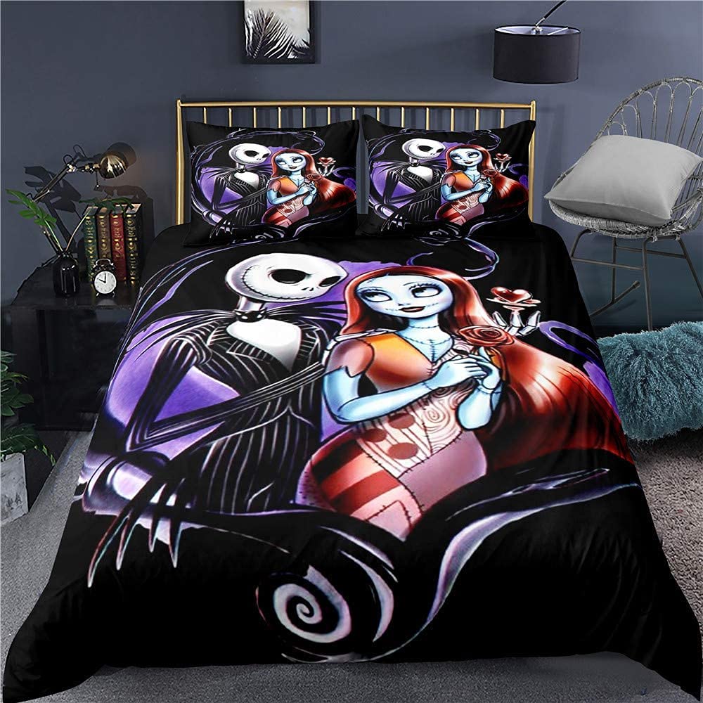 Ankeyoo Christmas Bedding Set Valentine's Day Decor Gifts Present Jack Skellington Sally Bed Comforter Cover 1PC Duvet Cover with 2PCS Pillowcases (Queen (U.S. Standard))