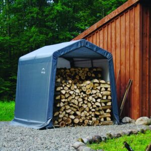 ShelterLogic 8' x 8' Shed-in-a-Box All Season Steel Metal Frame Peak Roof Outdoor Storage Shed, Grey & ShelterAuger 4-Piece 30-Inch Reusable Heavy Duty Steel Earth Auger Anchor Kit, Silver