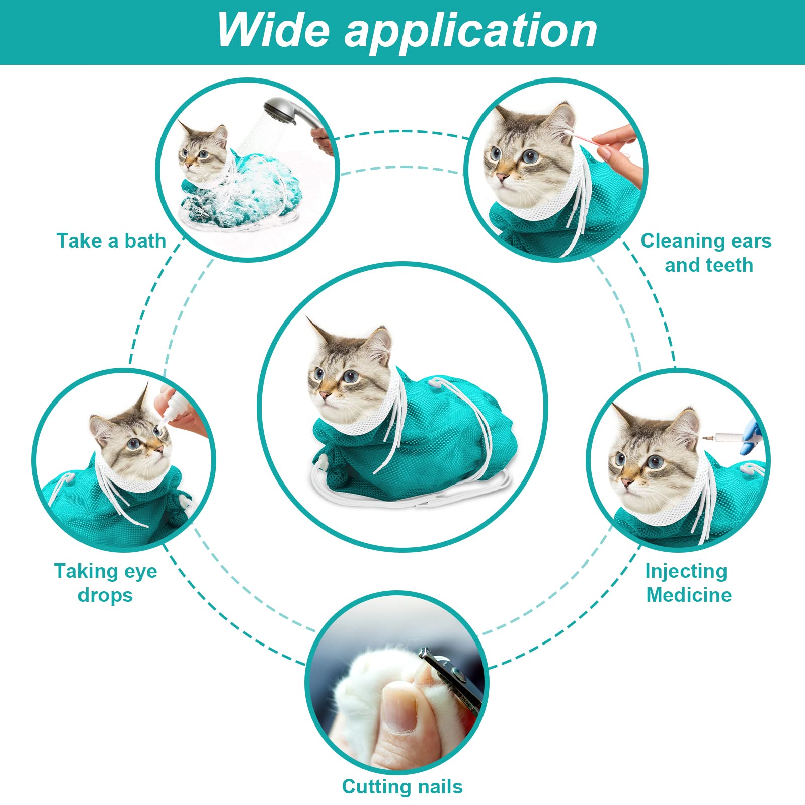 Catcan Cat Bathing Bag, Breathable Mesh Cat Shower Bag Anti Scratch Adjustable Cat Grooming Bag for Nail Trimming, Bathing Polyester Soft Cat Washing Bag (White-Green)