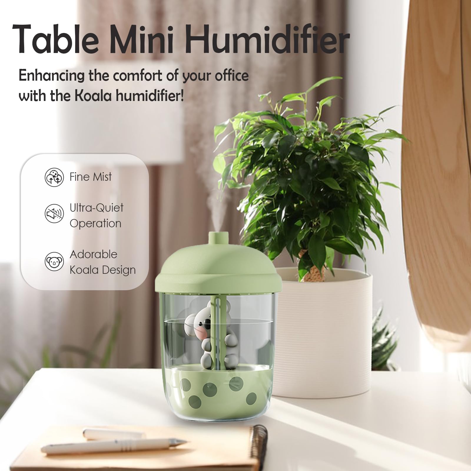 450ml Portable Humidifier, Mini Cool Mist Humidifier with Koala-Theme, USB Personal Humidifier Auto Shut-Off, Ultra-Quiet (Green)