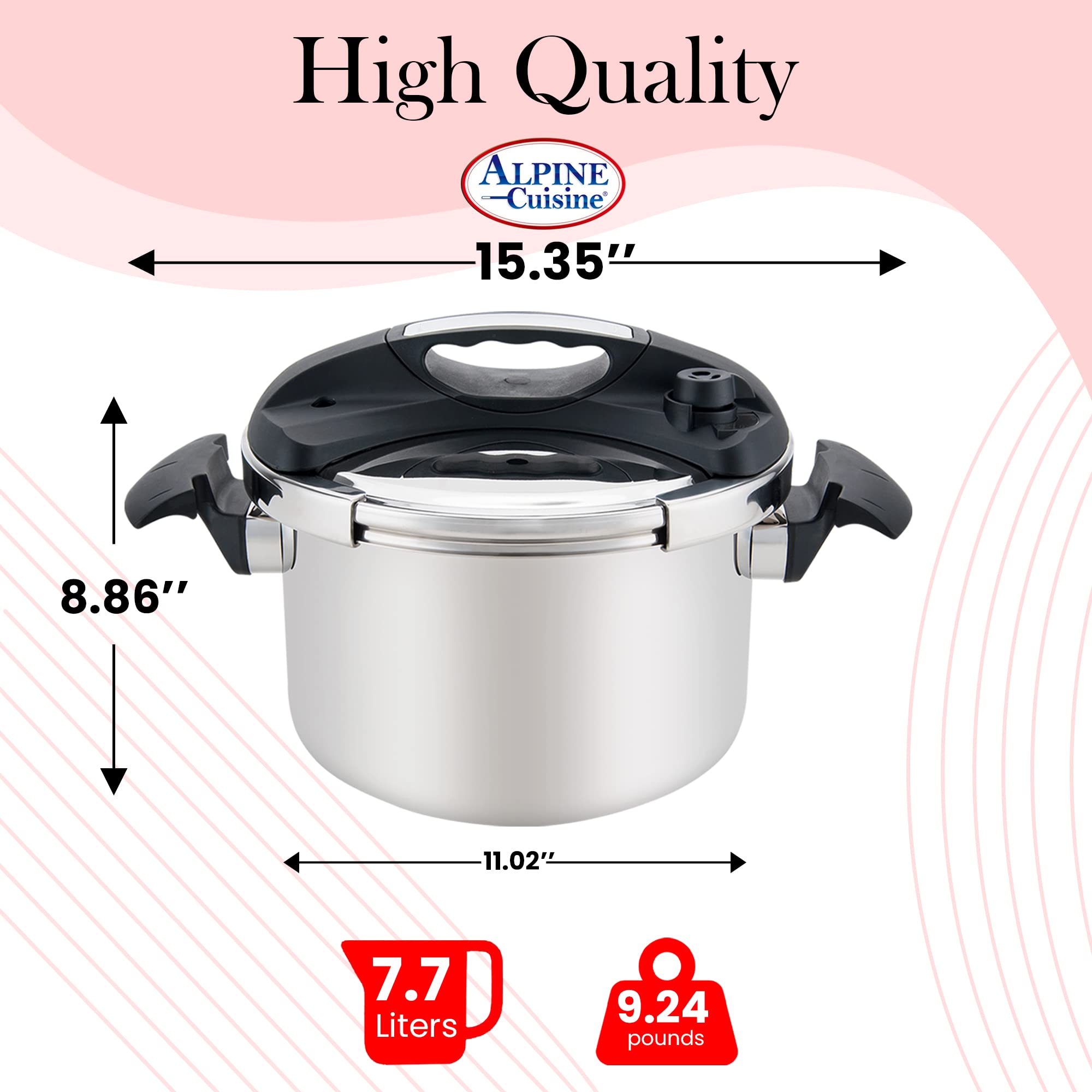 Alpine Cuisine Stainless Steel Pressure Cooker, for All Cooktops, Stove Top Pressure Cooker Used for Pressure Foodie or Steaming, Compatible with Gas & Induction Cooker, Dishwasher Safe (7 Liters)