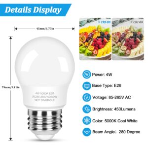 LED Refrigerator Light Bulb 40 Watt Equivalent, 120V Fridge Appliance Light Bulb 4W Daylight White 5000K, Waterproof A15 Fridge Light Bulbs 450LM, E26 Freezer Light Bulbs Non-dimmable, 2Packs