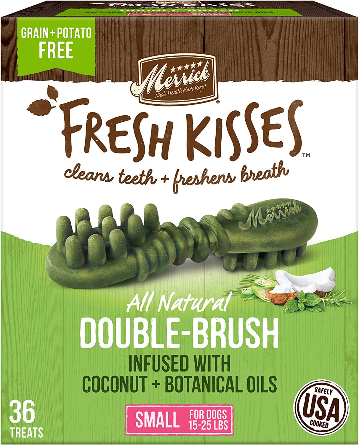 Aurora Pet Variety Pack (2) Merrick Fresh Kisses Double-Brush Small Dental Dog Treats (1) Coconut + Botanical Oils (1) Mint-Flavored Breath Strips with AuroraPet Wipes