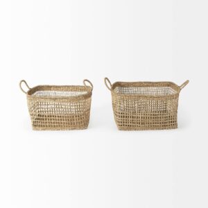 18.5l X 14.6w 11.0h (Set Of 2) Medium Brown Seagrass Rectangular Basket W/Handles Handmade