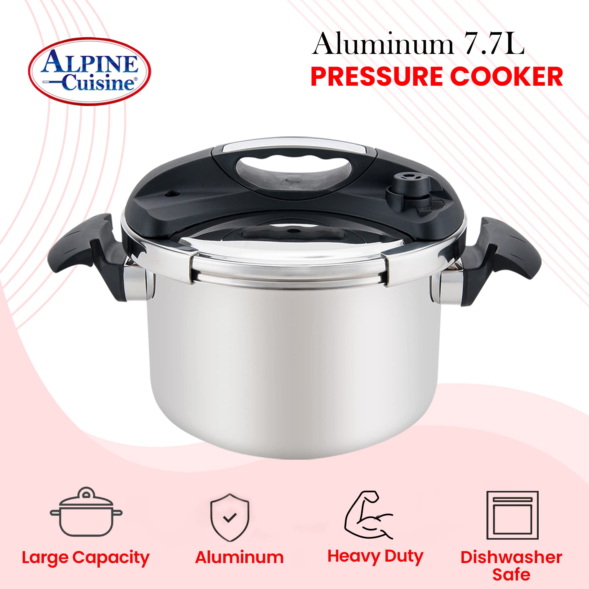 Alpine Cuisine Stainless Steel Pressure Cooker, for All Cooktops, Stove Top Pressure Cooker Used for Pressure Foodie or Steaming, Compatible with Gas & Induction Cooker, Dishwasher Safe (7 Liters)