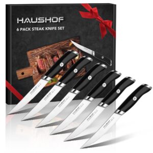 haushof steak knives set of 6, german stainless steel premium serrated steak knife set with gift box, full tang design with ergonomic handle, gifts knife set for dad, mom, husband and wife