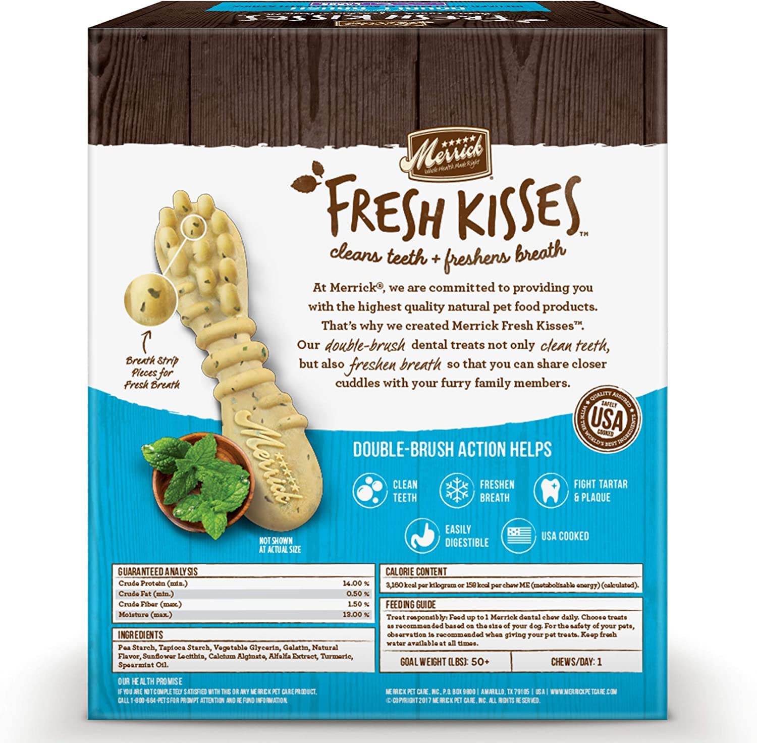 Aurora Pet Bundle Pack (2) Merrick Fresh Kisses Double-Brush Mint Breath Strip Infused Large Dental Dog Treats with AuroraPet Wipes