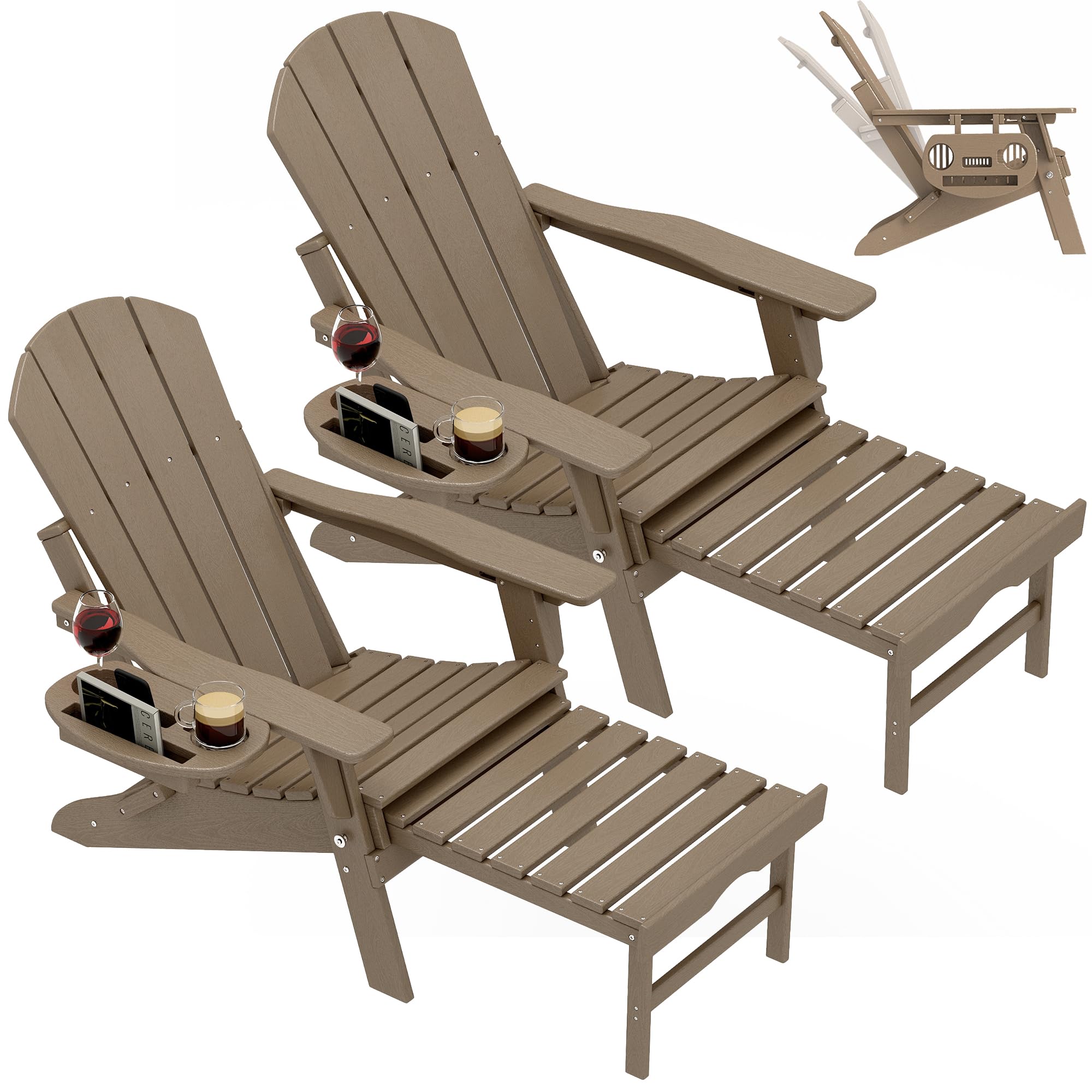 FOOWIN Adirondack Chair with Retractable Ottoman,HDPE Folding Adjustable Adirondack Chair w/4 in 1 Cup Holder Trays,All-Weather Resistant Fire Pit Chair for Outdoor Patio Lawn Set of 2