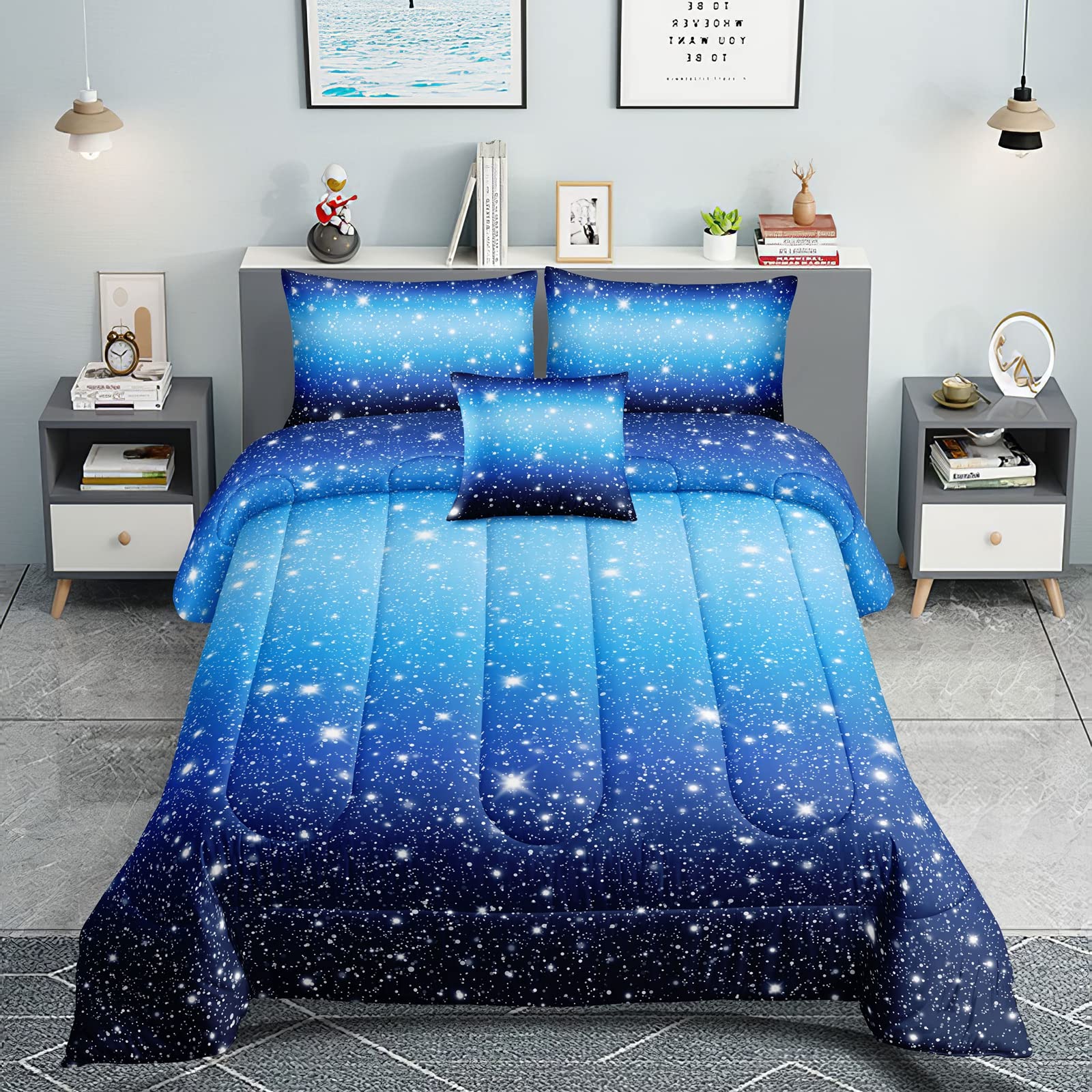 ROWADALO 6 Pieces Blue Gradient Glitter Sparkles Comforter Set Full Size,Galaxy Starry Sky Bedding Sets 6 Pcs Bed in A Bag for Kids Teen Ultra Soft All-Season Girls Comforter Set,DJT-GB5002 Full