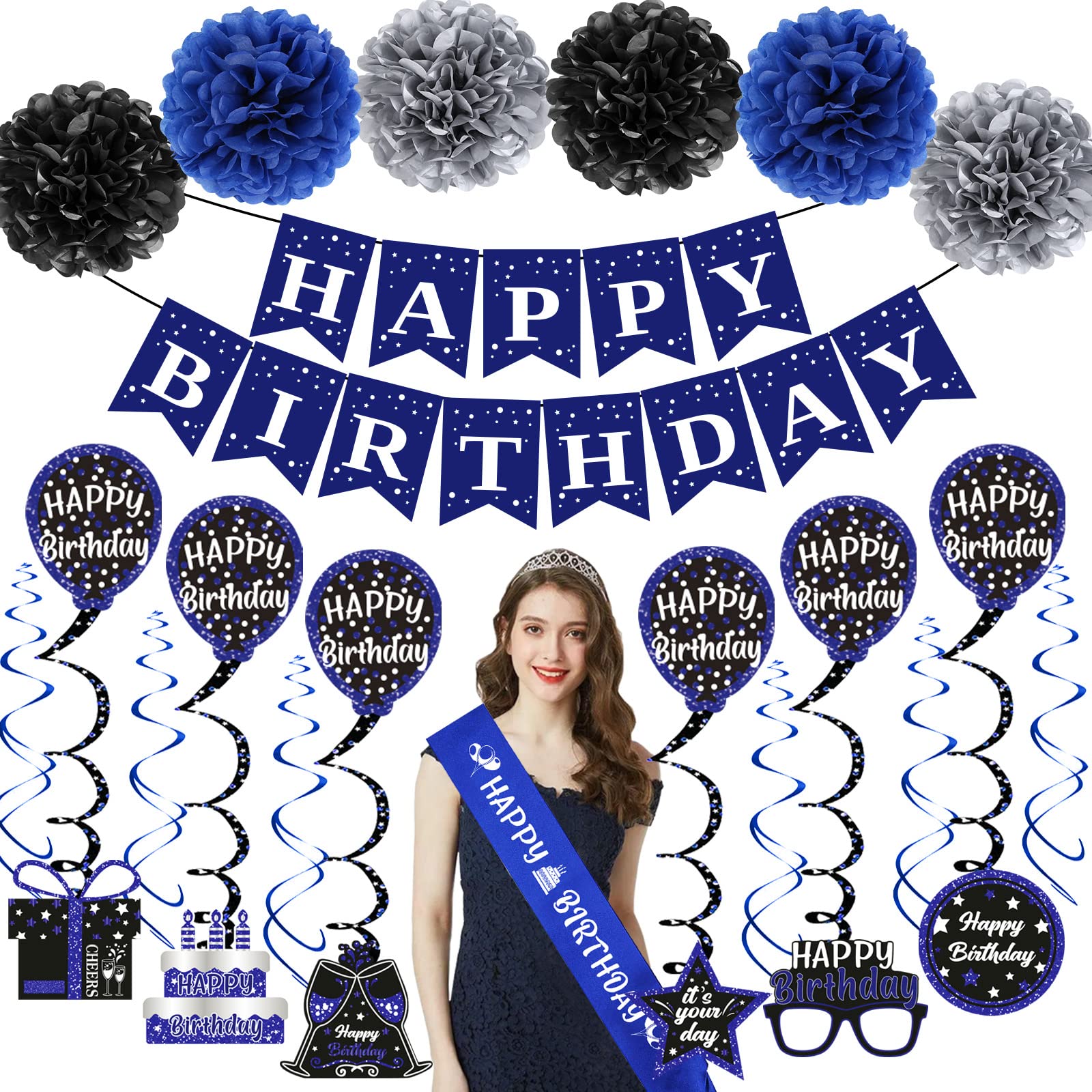 Birthday Decorations Blue Black, Happy Birthday Party Decorations for Men Women Boys Girls, Happy Birthday Banner, Double-Sided Bday Pattern Card, Birthday Sash, Pompoms, Hanging Swirl Bday Decor Set