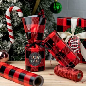 WRAPAHOLIC Reversible Christmas Wrapping Paper - Mini Roll - 17 Inch X 33 Feet - Black and Red Plaid Design for Holiday, Party, Celebration