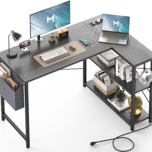 Mr IRONSTONE L Shaped Desk with Outlets & USB Ports, Reversible 47 Inch Office Desk, Corner Desk for Small Space, Home Office Desk with Storage Bag & Hook, Black Oak