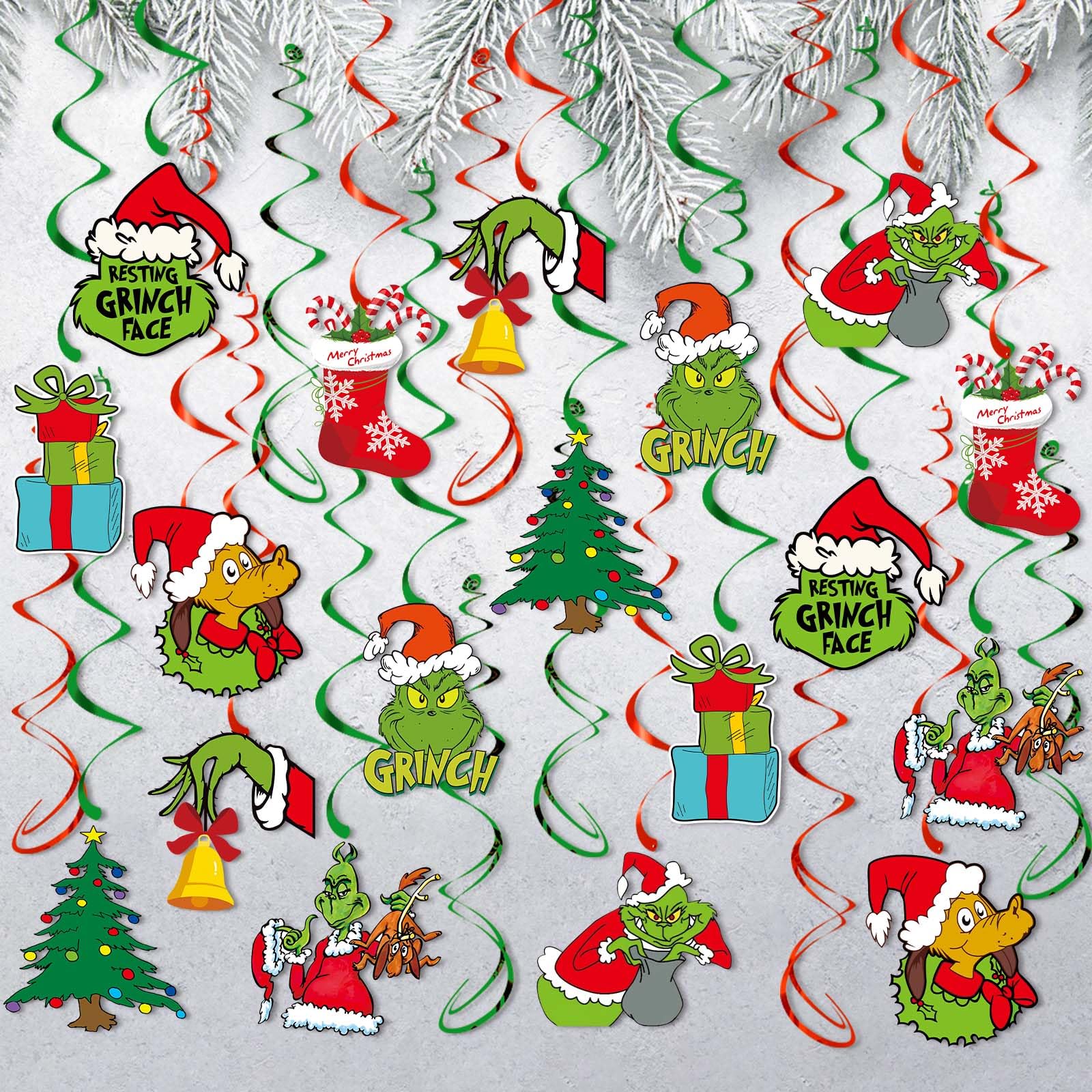 Grinch Party Decoration Merry Christmas Grinch Hanging Swirl Ceiling Decor Grinchmas Birthday Party Supplies 44 Pcs