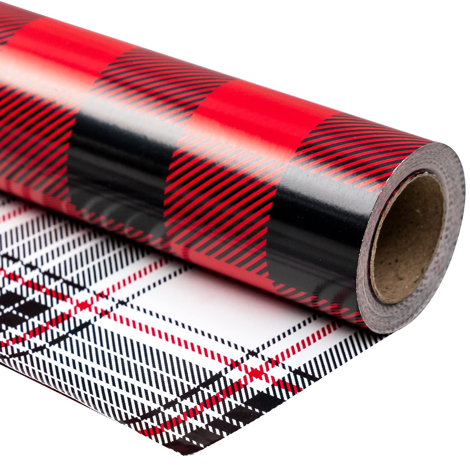 WRAPAHOLIC Reversible Christmas Wrapping Paper - Mini Roll - 17 Inch X 33 Feet - Black and Red Plaid Design for Holiday, Party, Celebration