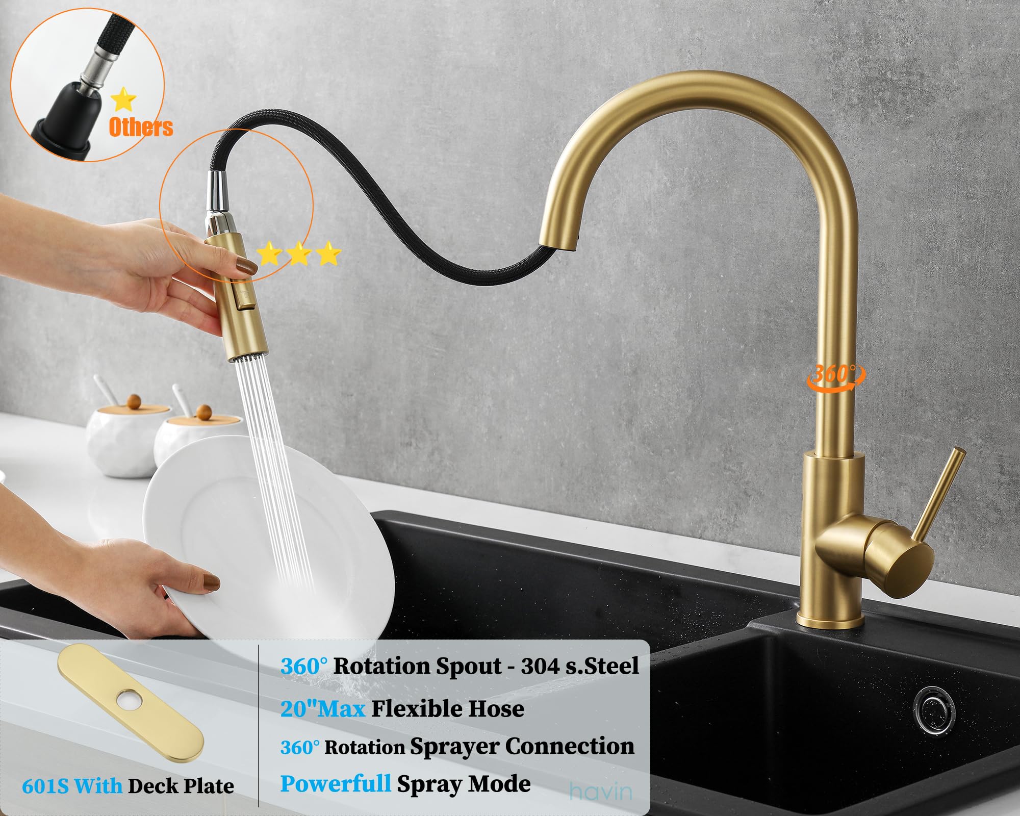 601&SS601 Gold Kitchen Faucet with Pull Down Sprayer and Gold Drinking Water Faucet