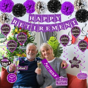 Retirement Decorations Women Purple Happy Retirement Party Decorations Female (52pack) Happy Retirement Banner Gifts, Retirement Decor Double-Sided Pattern Card, Pompoms Hanging Swirl Retired Sash Set