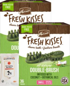 aurora pet bundle pack (2) merrick fresh kisses double-brush coconut + botanical oils infused small dental dog treats with aurorapet wipes