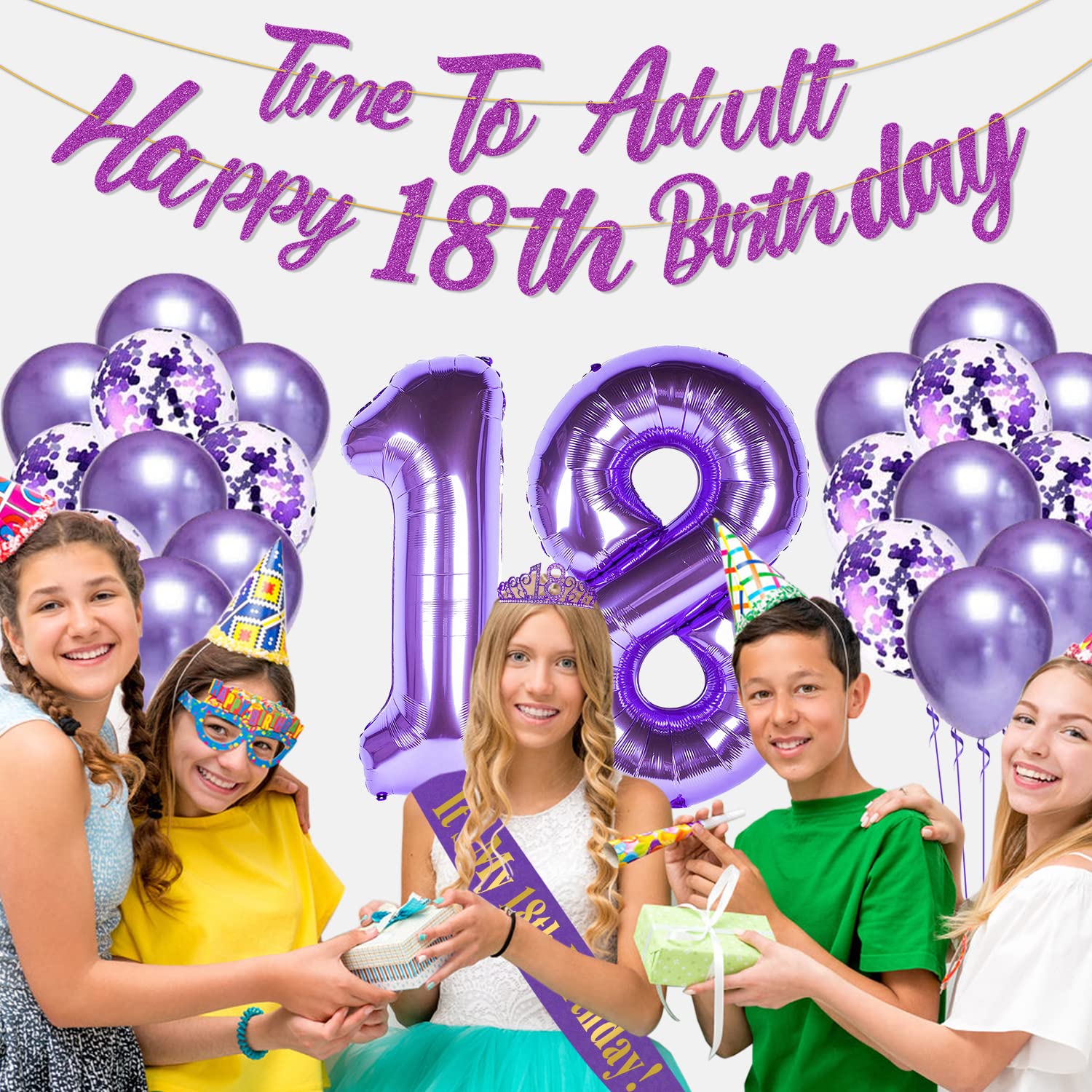 Purple18th Birthday Decorations for Girls Purple 18th Birthday Banner 40 Inch NO. 18 Purple Foil Balloons Purple Confetti Balloons 18th Purple Party Set (Purple-18)