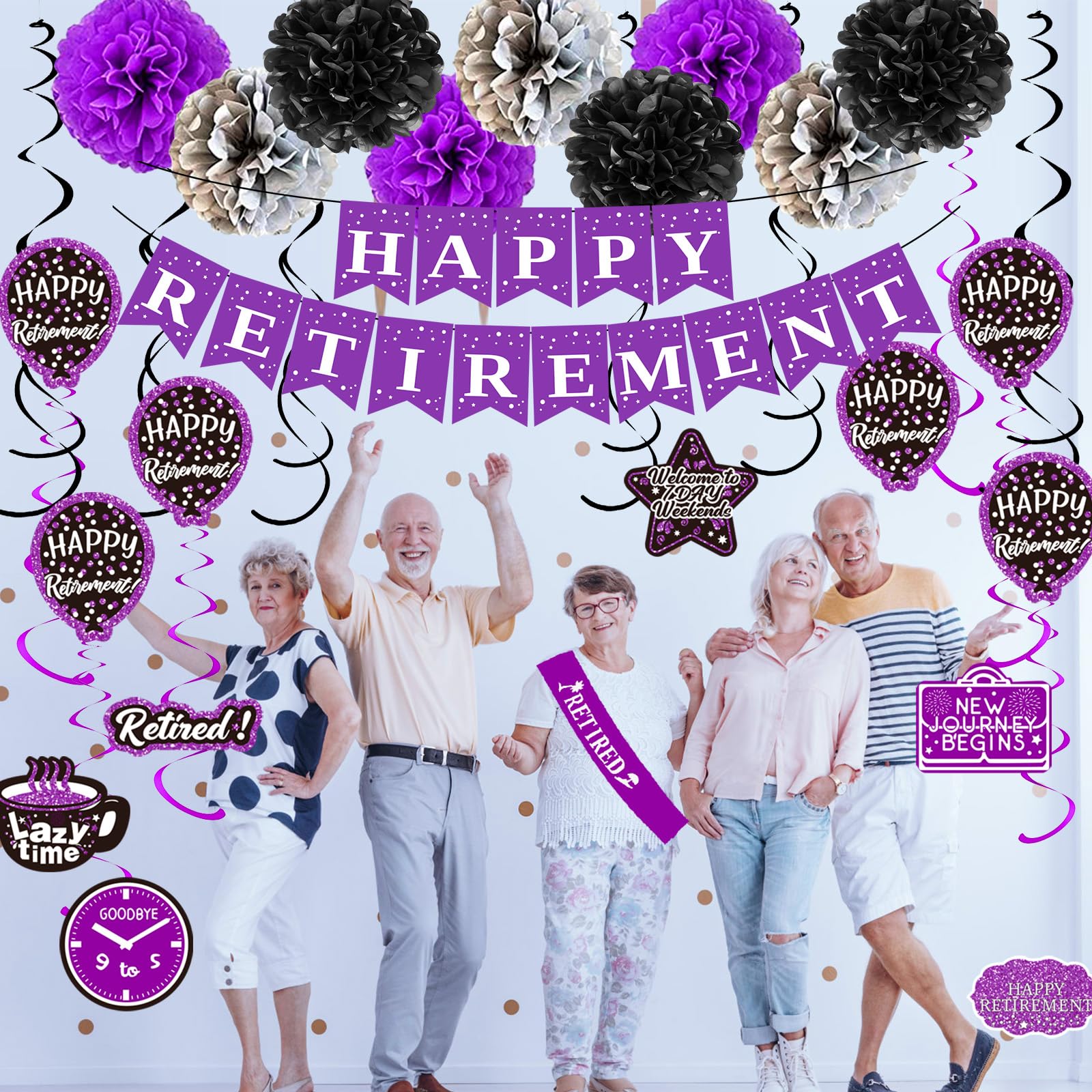 Retirement Decorations Women Purple Happy Retirement Party Decorations Female (52pack) Happy Retirement Banner Gifts, Retirement Decor Double-Sided Pattern Card, Pompoms Hanging Swirl Retired Sash Set