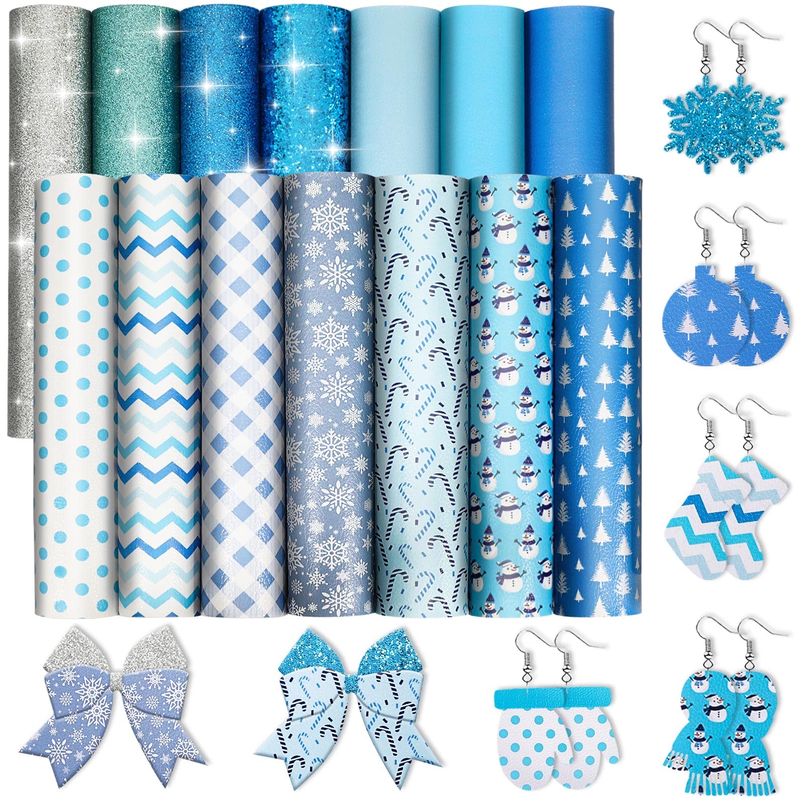 Whaline 14Pcs Christmas Winter Faux Leather Sheets Glitter Blue Snowflake Snowman Dots Stripes Plaids Leather Fabric Christmas Synthetic Leather for Xmas DIY Crafts Earring Hair Bow Making Supplies