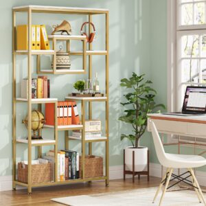 Tribesigns Bookcases and Bookshelves, 71” Tall Bookshelf with Metal Frame, Freestanding Geometric Bookcase with Open Display Shelf for Living Room, Bedroom, Home Office, White and Gold