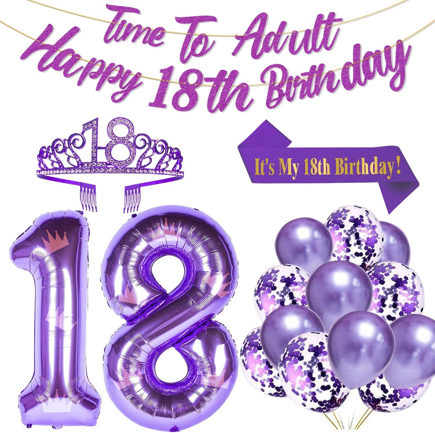 Purple18th Birthday Decorations for Girls Purple 18th Birthday Banner 40 Inch NO. 18 Purple Foil Balloons Purple Confetti Balloons 18th Purple Party Set (Purple-18)