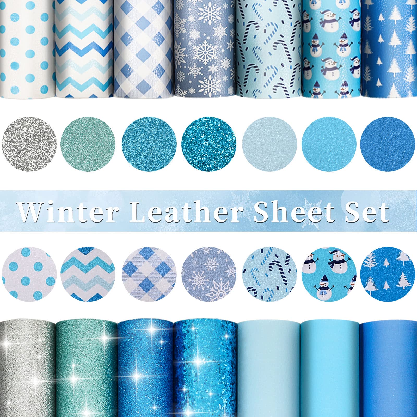 Whaline 14Pcs Christmas Winter Faux Leather Sheets Glitter Blue Snowflake Snowman Dots Stripes Plaids Leather Fabric Christmas Synthetic Leather for Xmas DIY Crafts Earring Hair Bow Making Supplies